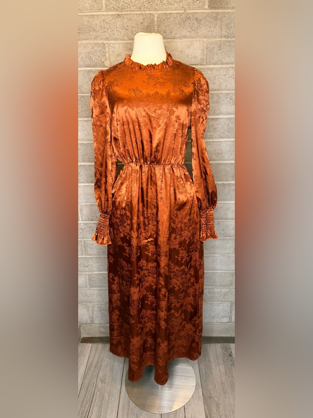 Rust Satin Jacquard Midi Dress Puff Sleeve Mock Neck Cottagecore Boho - Picture 5 of 14